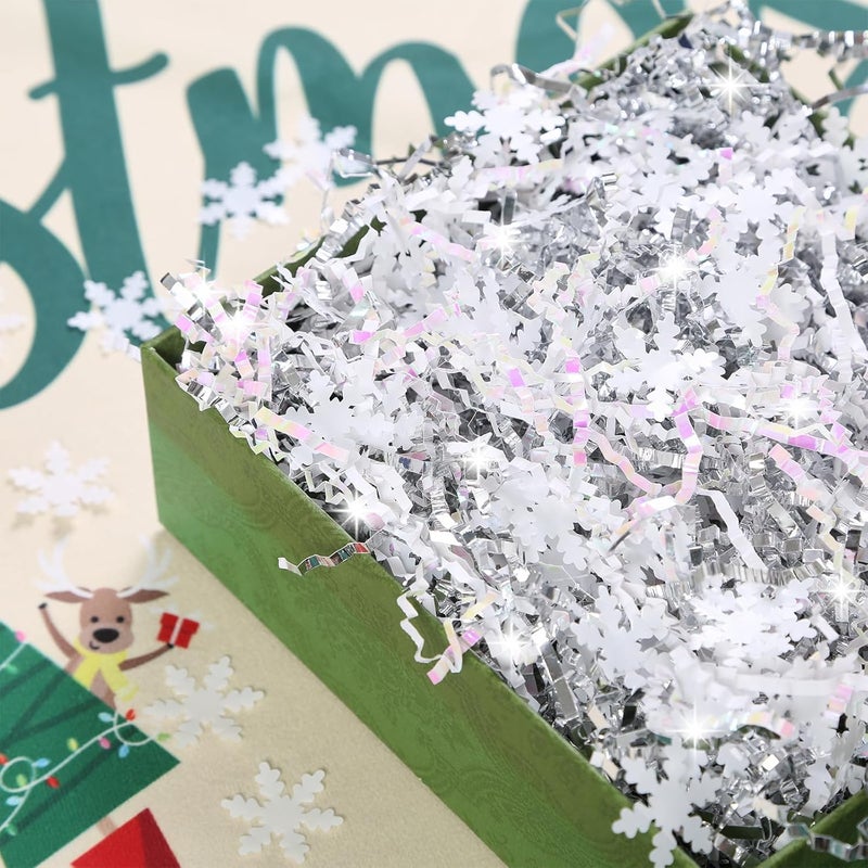PAPER FAIR 1LB Metallic Silver Diamond White Crinkle Cut Paper Shred Filler w/Snowflake Confetti, Christmas Gift Wrap Packaging Strand, Craft Bedding Cushion, Birthday Box Basket - Image 2